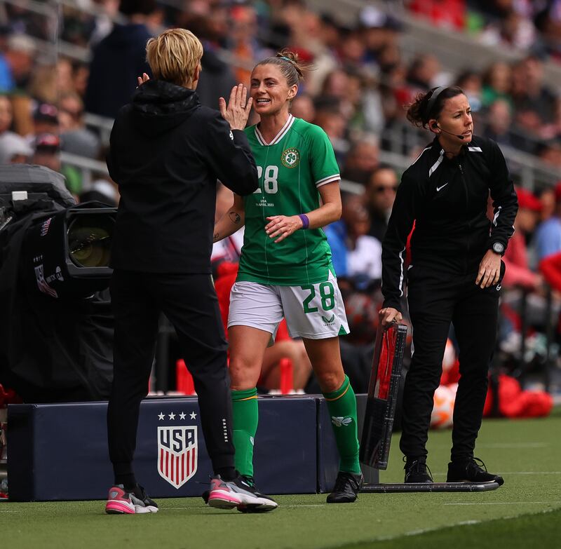 Ireland manager Vera Pauw with Sinéad Farrelly during Saturday's game. Photograph: INPHO/Ryan Byrne