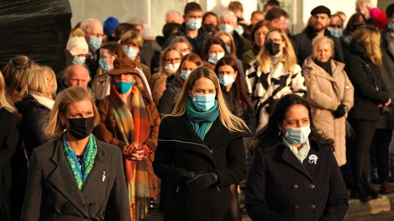 Ministers Pippa Hackett, Helen McEntee and Catherine Martin arrive at the funeral of Ashling Murphy. Photograph: Niall Carson/PA Wire
