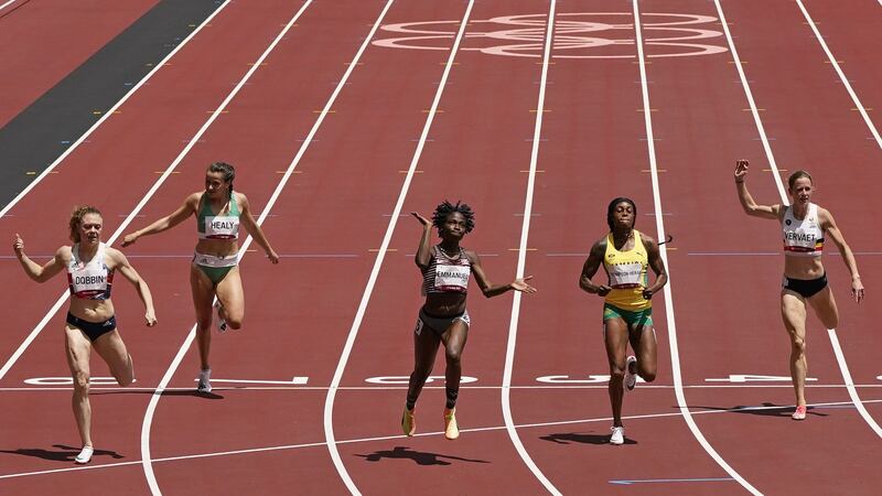 Phil Healy finishes fifth in her 200m heats. Photo: Charlie Riedel/AP Photo