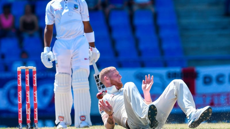 Ben Stokes stops a Shai Hope drive in Antigua. Photograph: Randy Brooks/AFP/Getty