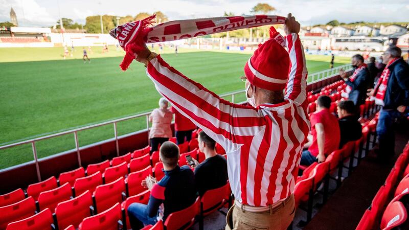 Sligo Rovers fans celebrate their equalising goal during the SSE Airtricity League Premier Division match against Waterford at  The Showgrounds. Photograph: Morgan Treacy/Inpho