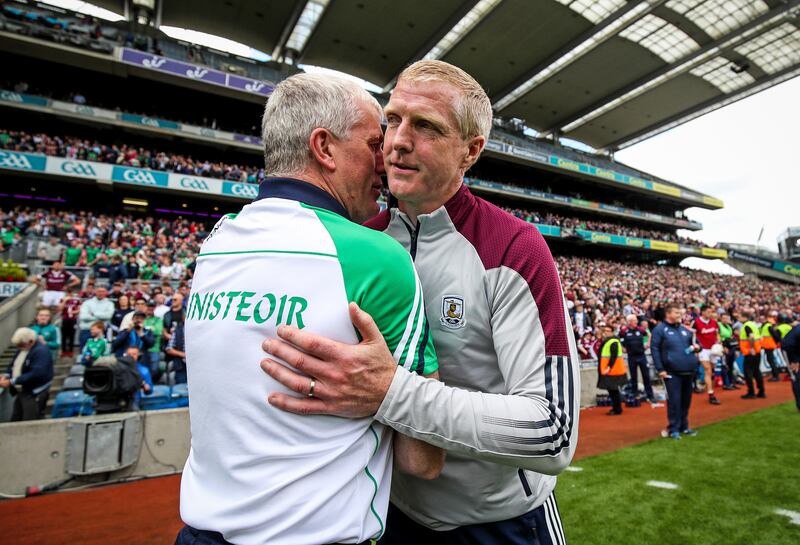 Limerick manager John Kiely with Henry Shefflin of  Galway after last year's All-Ireland senior championship semi-final in Croke Park. Photograph: Evan Treacy
