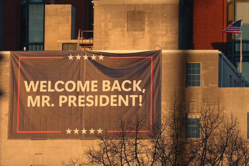 A sign of support for Donald Trump on a building in Washington, DC on Monday. Photograph: Scott Olson/Getty Images