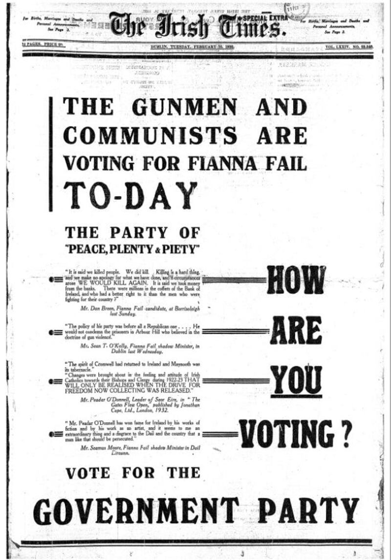 Front page Irish Times advertisement taken out by Cumann na nGaedheal on the morning of the election, February 16th, 1932