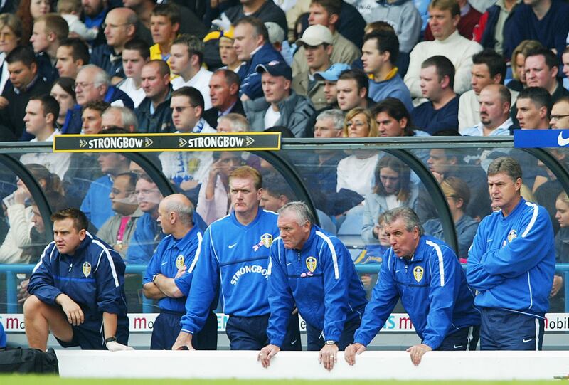 Terry Venables (second right) and his coaching staff during a Premier League game against Arsenal at Elland Road in 2002. Photograph: Laurence Griffiths/Getty Images