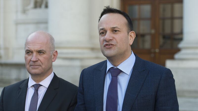 Then chief medical officer Tony Holohan and then taoiseach Leo Varadkar giving a media briefing at Government Buildings on March 6th, 2020, the outset of the pandemic, on Covid-19. Photograph: Dave Meehan