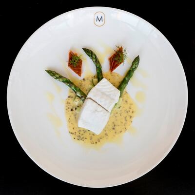 Irish Food Writers’ Guild: steamed brill with Hederman Hot Smoked Salmon, asparagus and seaweed, at the guild’s awards. Photograph: Paul Sherwood