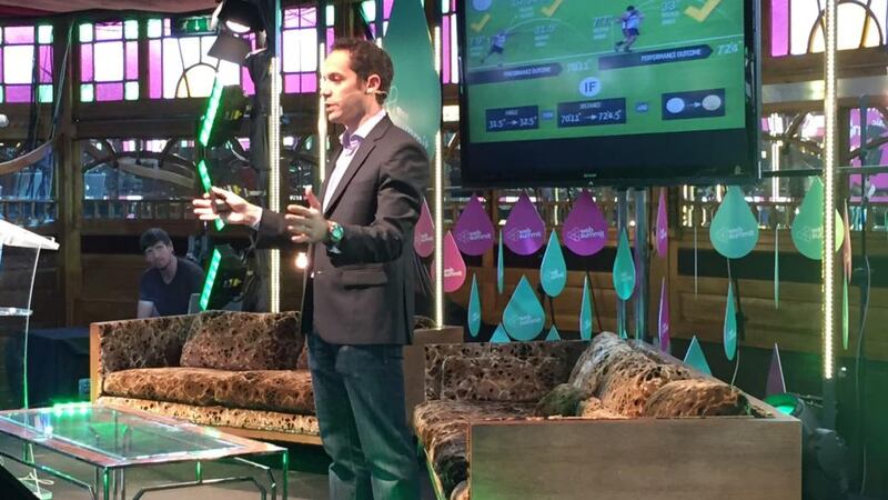 David Epstein talking on the sports stage at the Web Summit.