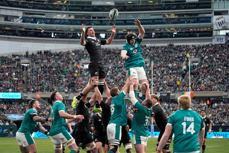 New Zealand's Josh Lord and Ireland's Ryan Baird in a lineout. Photograph: David Banks/Photosport/Inpho        