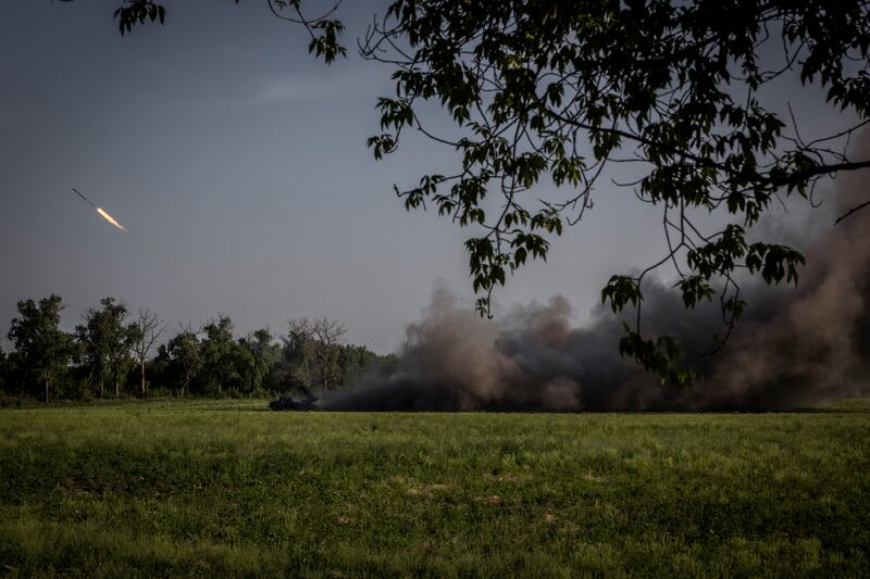 A Ukrainian rocket is fired towards Russian positions near Sievierodonetsk, in the Luhansk region