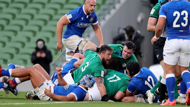 Andrew Porter celebrates after Will Connors’ try against Italy. Photograph: Dan Sheridan/Inpho