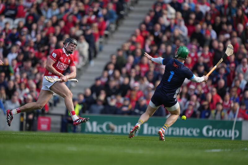 Darragh Fitzgibbon of Cork scores a goal against Tipperary at Páirc Ui Chaoimh in last month's hurling league division 1A final. Photograph: James Lawlor/INPHO