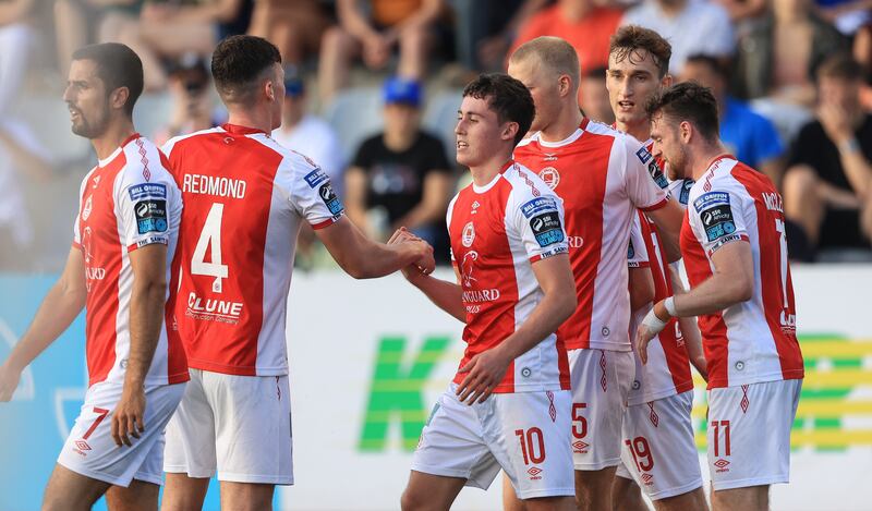 Kian Leavy celebrates scoring St Patrick's Athletic's second goal. Photograph: Aleksandar Djorovic/Inpho