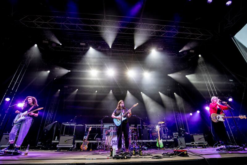 Cathy McGuinness, Pamela Connolly and Sarah Corcoran of Pillow Queens perform on stage at the National Museum of Ireland at Collins Barracks in Dublin. Photograph: Tom Honan