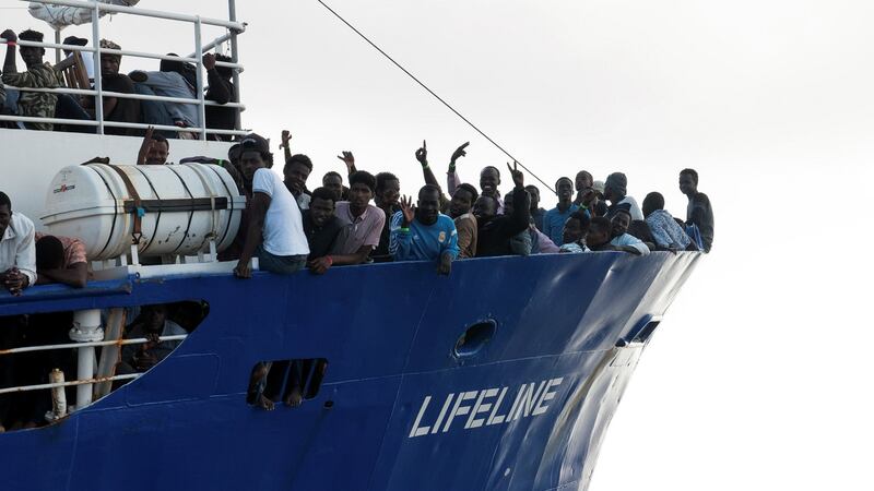 Migrants are seen on the deck of the Mission Lifeline rescue boat in the central Mediterranean Sea on June 21st. Photograph: Hermine Poschmann/Misson-Lifeline/Reuters