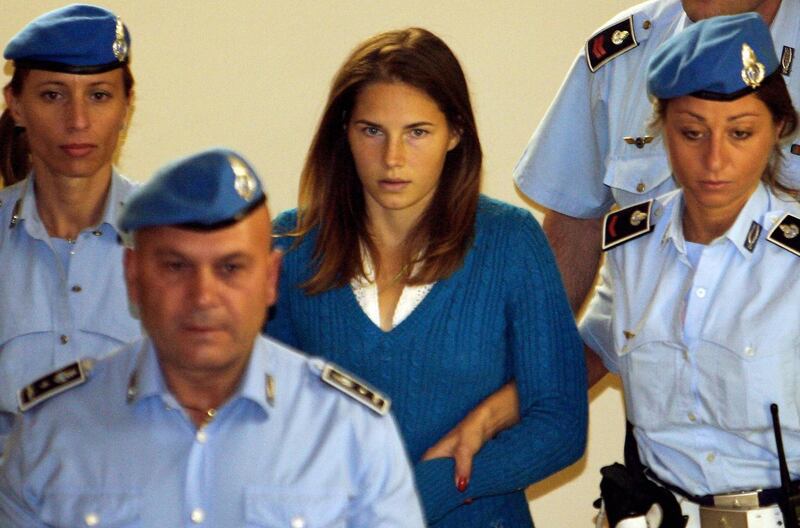 Amanda Knox: during her trial, one of the tabloid fixations was on her blue ‘eyes of ice’. Photograph: Fderico Zirilli/AFP via Getty