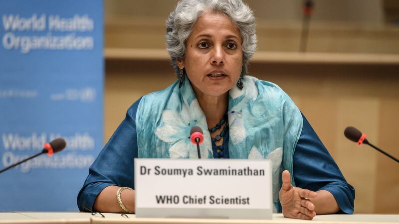 World Health Organisation (WHO) Chief Scientist Soumya Swaminathan at the WHO headquarters in Geneva. Photograph: Fabrice Coffrini/POOL/AFP via Getty Images.