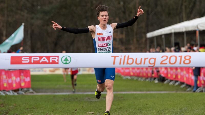 Jakob Ingebrigtsen comes home to win his third straight European under-20 cross-country titl in Tilburg, Netherlands in 2018. Photograph: Lukas Schulze/Getty Images for European Athletics