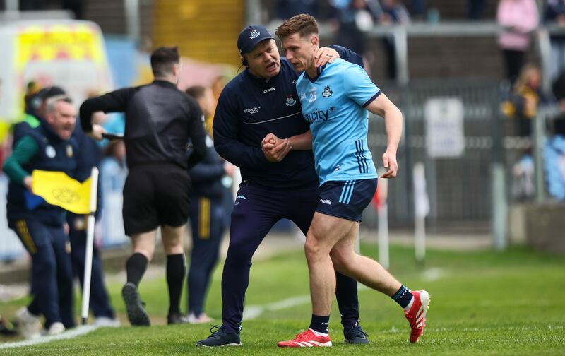 Dessie Farrell with John Small at O'Moore Park during last month's Meath game. Photograph: Ryan Byrne/Inpho