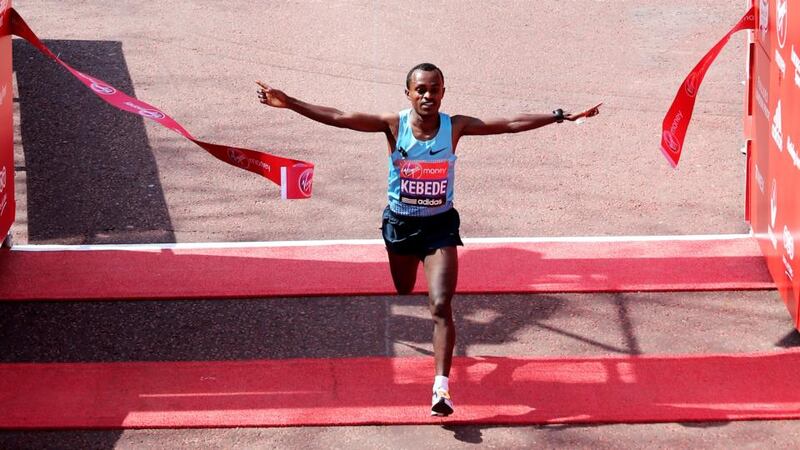 Tsegaye Kebede of Ethiopia crosses the finish line to win the men’s elite section of  the London Marathon yesterday. Photograph: Chris Jackson/Getty Images