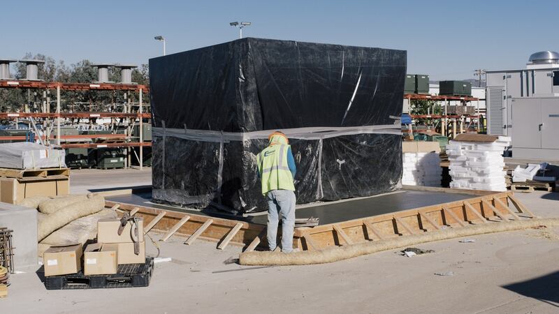 A grid-sized battery energy storage facility in Escondido, California.  Photograph: Coley Brown/The New York Times