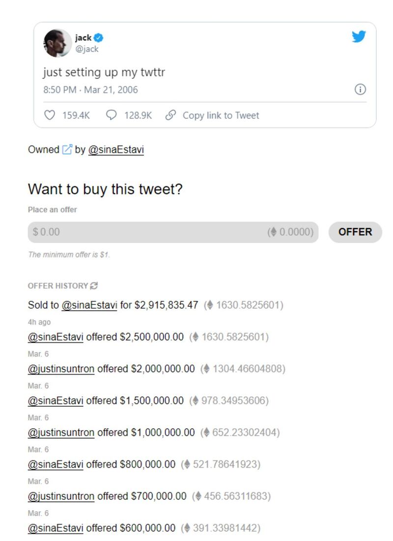Screen grab from v.cent.co of the bidding war for Jack Dorsey’s first tweet. Photograph: PA