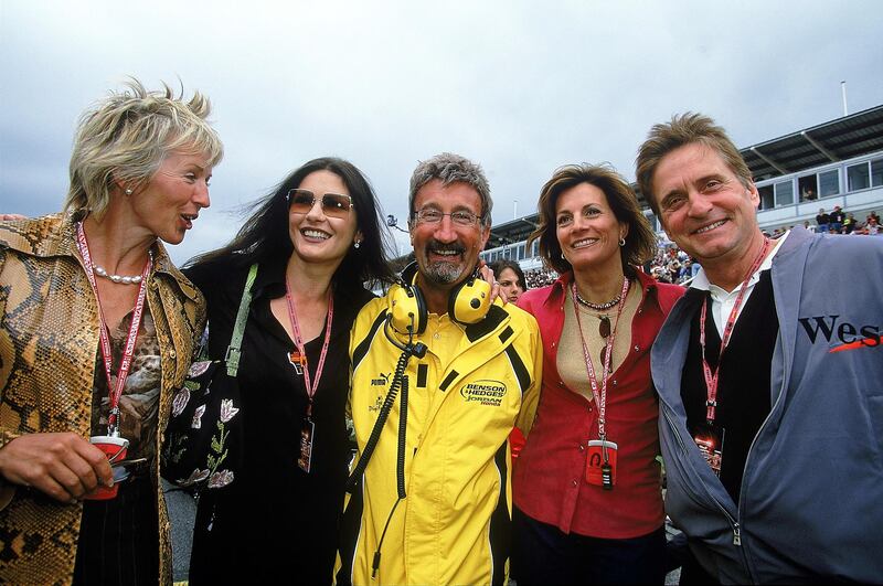 Eddie Jordan with his wife Marie (left), actress Catherine Zeta Jones (second left) and actor Michael Douglas (right) ahead of the 2001 Spanish GP. Photograph: Getty Images/Inpho