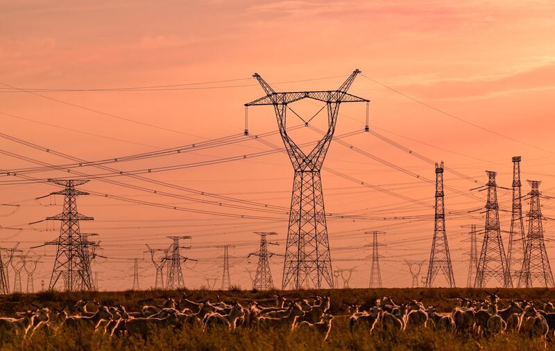 Part of an ultra-high voltage direct current (UHVDC) power transmission project, the largest in the world, is seen on grassland in Ordos. Photograph: Costfoto/NurPhoto via Getty Images