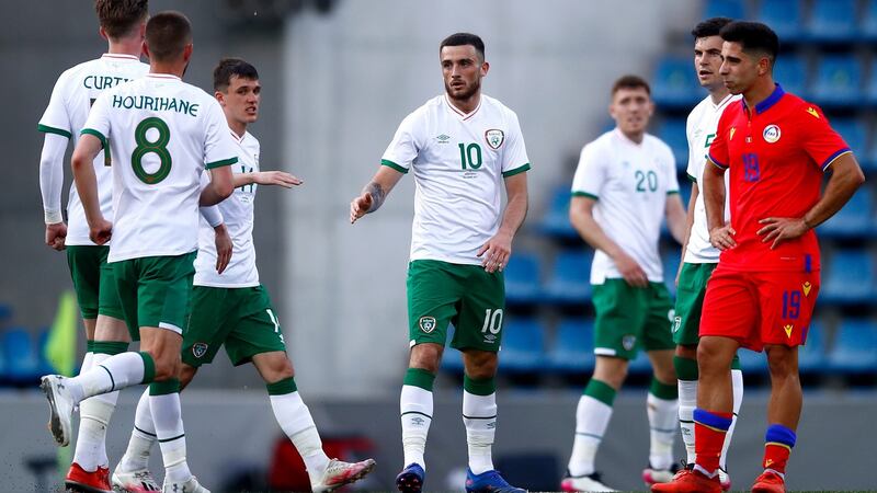 Troy Parrott of Ireland celebrates after scoring the first of his two goals in the friendly international against Andorra. Photograph: Eric Alonso/Getty Images