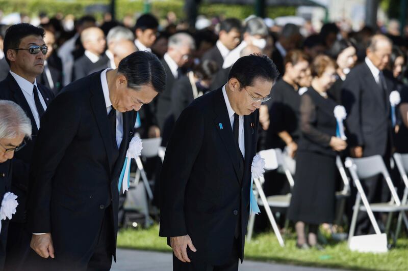 Japan’s Prime Minister Fumio Kishida (right) has sought to highlight the G7 commitment. Photograph: Kyodo News/AP
