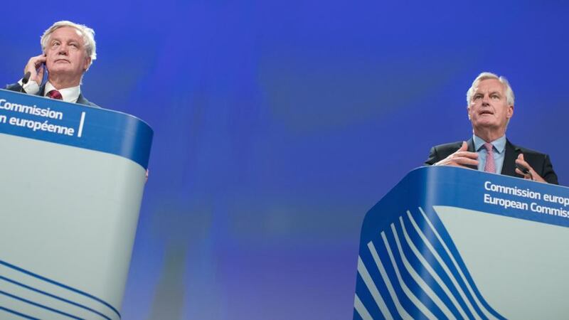 Brexit talks: David Davis, the UK Brexit secretary, and Michel Barnier, the EU’s chief negotiator, in Brussels on Monday. Photograph: Jasper Juinen/Bloomberg