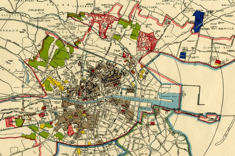 A map of Dublin from  the Dublin Civic Survey, 1925; the population of the city, by 1926, stood at 468,000