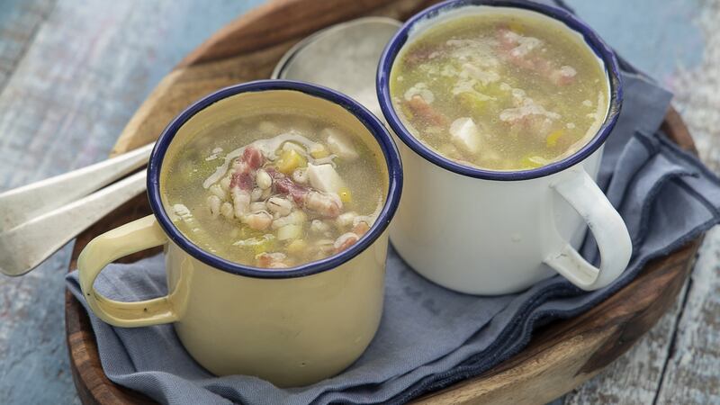 Chicken, leek and bacon broth: Cook the bacon gently in the butter for three minutes, then add the leeks and the thyme.