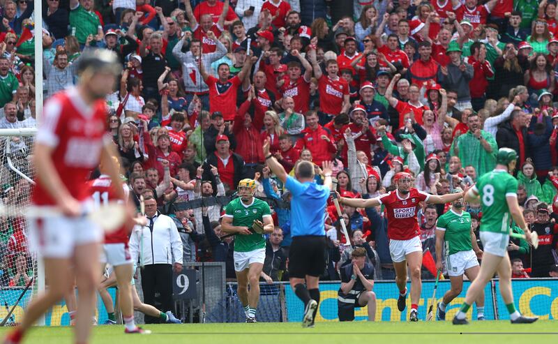 Cork’s Brian Hayes reacts to referee Thomas Walsh after a goal was disallowed. Photograph: James Crombie/Inpho