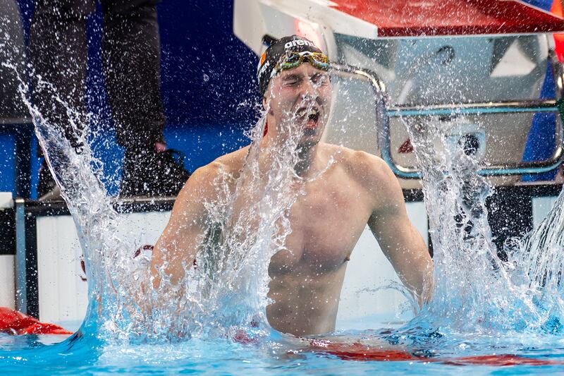 Paris 2024 Olympic Games, Paris La Defense Arena, Paris, France 30/7/2024
Swimming - Men’s 800m Freestyle Final
Ireland’s Daniel Wiffen celebrates winning a gold medal
Mandatory Credit ©INPHO/Morgan Treacy