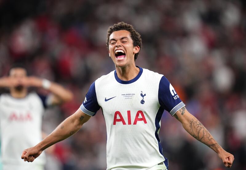 Tottenham Hotspur's goalscorer Brennan Johnson celebrates after the final whistle. Photograph: Adam Davy/PA