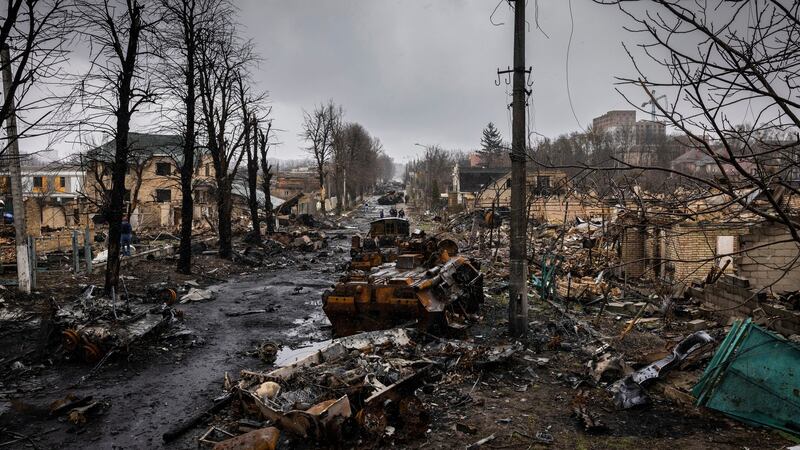 Destruction in Bucha, Ukraine, on Sunday prompted fresh demands for tougher action against Moscow. Photogrpah: Ivor Prickett/The New York Times