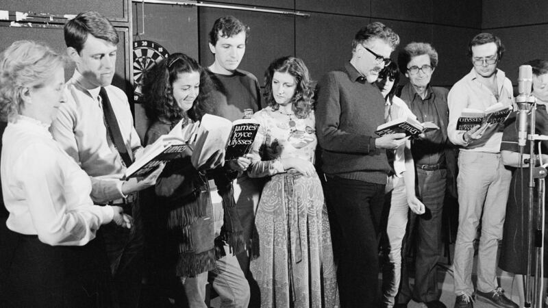 RTÉ Players record ‘Ulysses’ (1982) L-R: Daphne Carroll, Paddy Dawson, Cathryn Brennan, Denis Staunton, Marcella O’Riordan, Conor Farrington, Kate Minogue, Eamonn Keane, Gerry McArdle