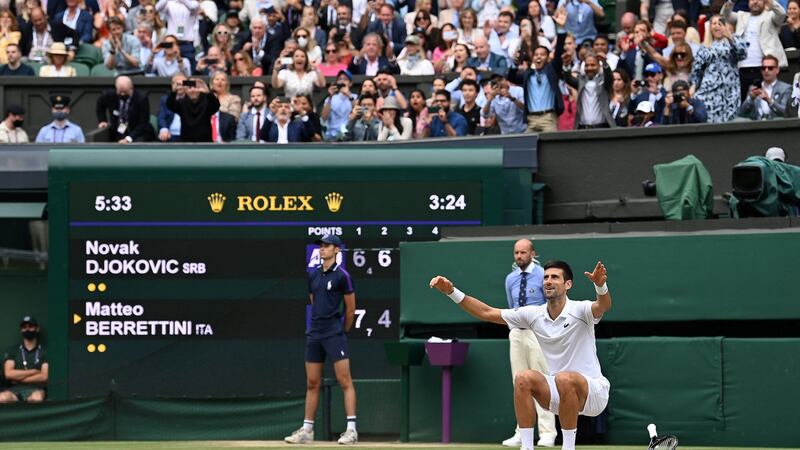 Novak Djokovic celebrates beating Matteo Berrettini to win the Wimbledon men’s singles title. Photo: Glyn Kirk/AFP via Getty Images