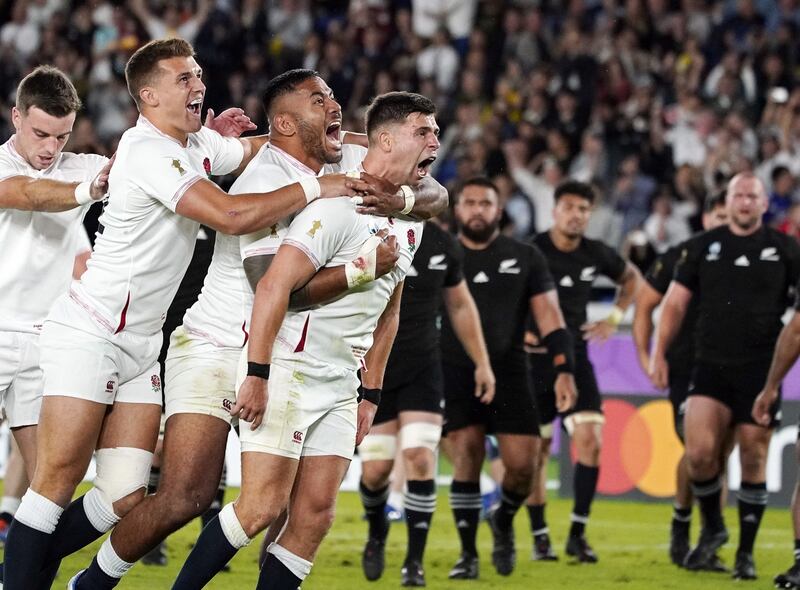England's Ben Youngs (centre) celebrates with team-mates after scoring a disallowed try during the 2019 World Cup semi-final between England and New Zealand. It was one of England’s finest performances. Photograph: Franck Robichon/EPA