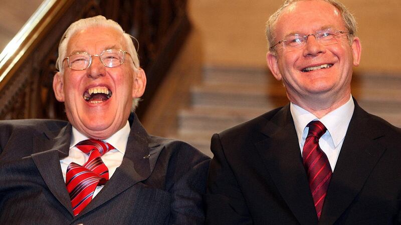First Minister Ian Paisley and Deputy First Minister Martin McGuinness, both now deceased,  after being sworn in as ministers of the Northern Ireland Assembley in 2007. Photograph: Paul Faith/PA