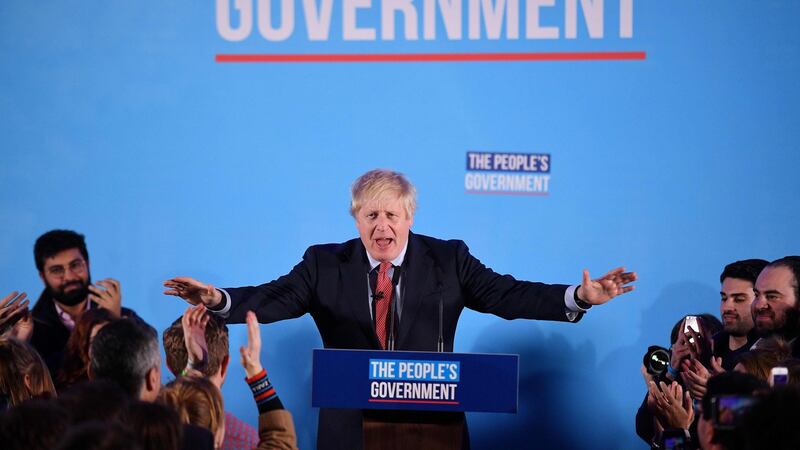 Boris Johnson speaks during a campaign event to celebrate the Tories sweeping election win. Photograph: Getty