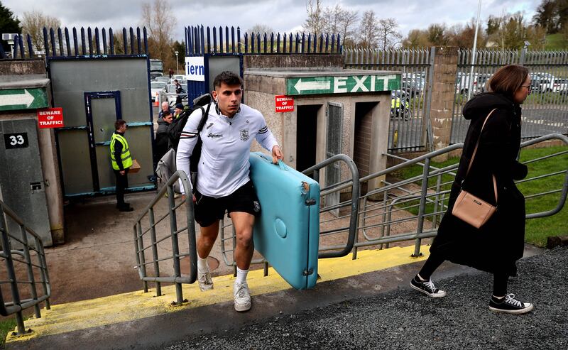 Seán Fitzgerald of Galway carries a rather apt treatment table into St. Tiernach's Park, Clones before the game against Monaghan. Photograph: Ryan Byrne/Inpho