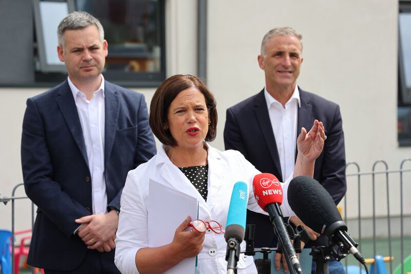 Lleft to right: Sinn Féin Finance spokesperson Pearse Doherty, Sinn Féin president Mary Lou McDonald and Chris Andrews. Photograph Nick Bradshaw/The Irish Times

