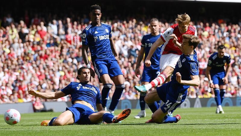 Martin Ødegaard of Arsenal has a shot on goal during the Premier League game against Leeds United at Emirates Stadium. Photograph: Mike Hewitt/Getty Images