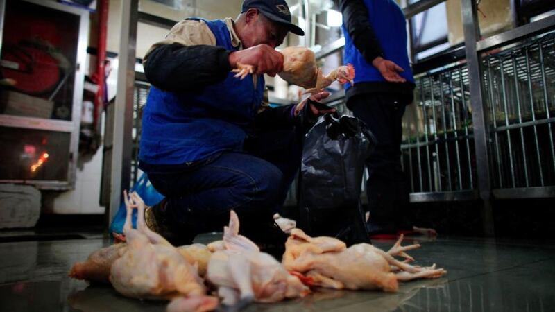 A man puts a chicken inside a plastic bag at a food market in downtown Shanghai today. Chinese authorities have slaughtered over 20,000 birds  as the death toll from a new strain of bird flu has mounted to six. Photograph: Carlos Barria/Reuters