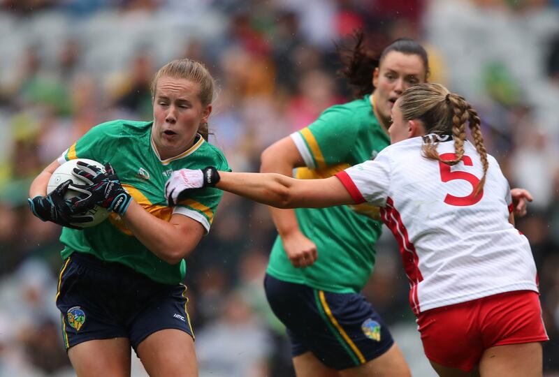 Tyrone's Clara Daly tackles Muireann Devaney of Leitrim during the All-Ireland junior final at Croke Park. Photograph: Leah Scholes/Inpho 