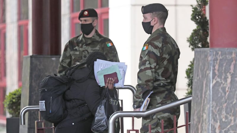 Defence Forces personnel at the Crowne Plaza Hotel in Dublin, the State’s first hotel quarantine centre. Photograph: Nick Bradshaw