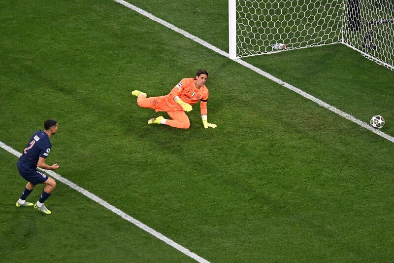 Achraf Hakimi scores PSG's first goal during the Champions League final. Photograph: Kirill Kudryavtsev/Getty