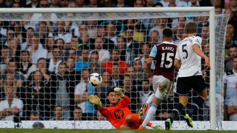 West Ham United’s Ravel Morrison shoots and scores past Tottenham Hotspur’s goalkeeper Hugo Lloris during the Premier League  match at White Hart Lane. Photograph:  Eddie Keogh/Reuters